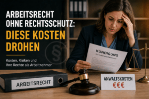 Besorgte Arbeitnehmerin liest ihre Kündigung und prüft Anwaltskosten und Risiken im Arbeitsrecht ohne Rechtsschutz.
